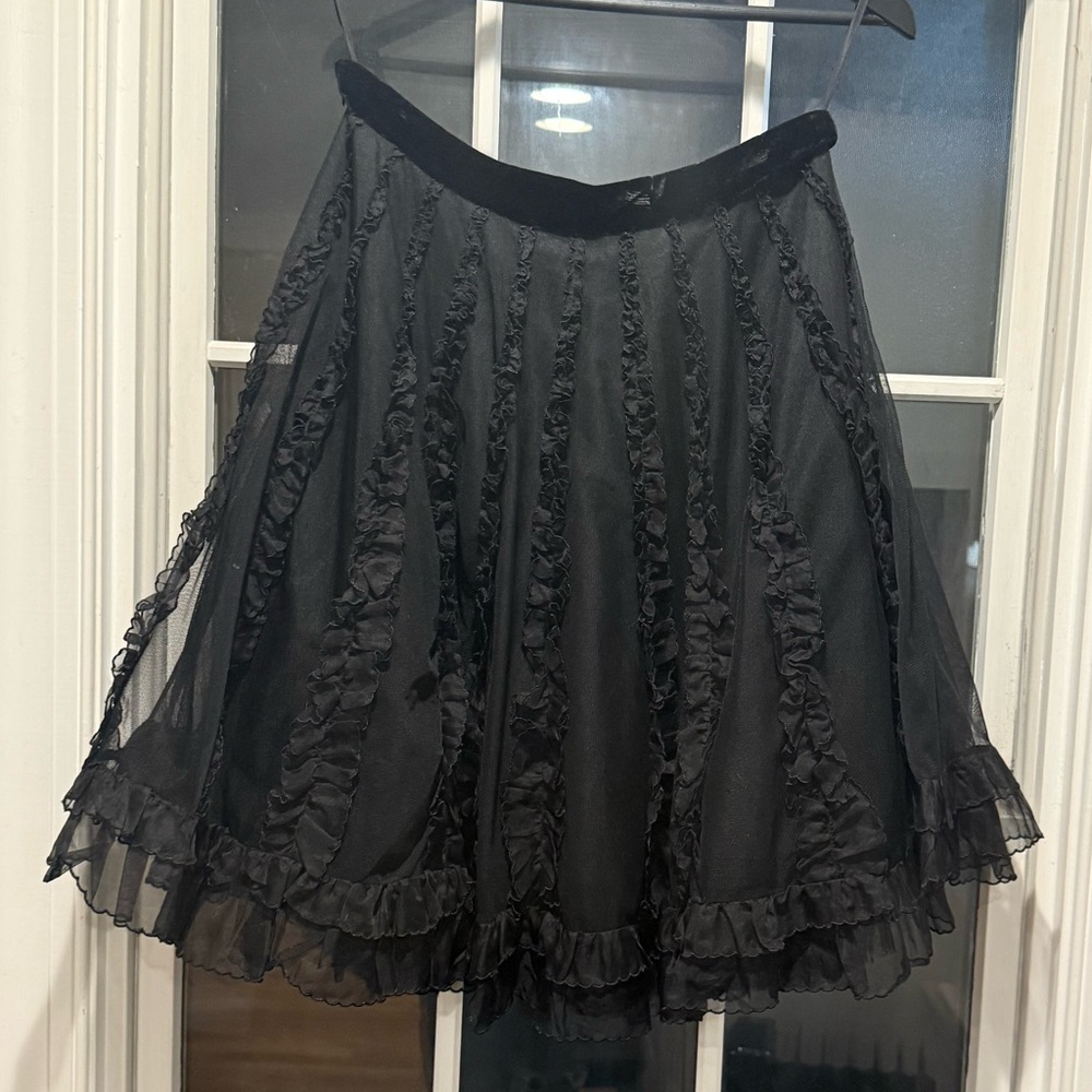 Red Valentino Ruffled Black Skirt with Velvet Detail Sz 46
